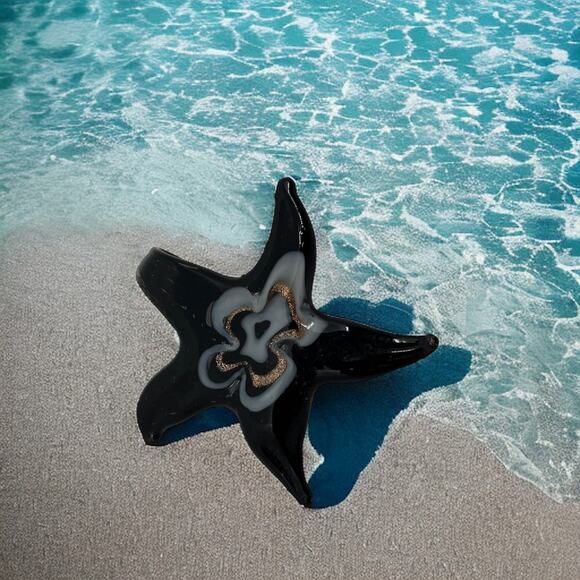 Black Murano-Style Glass Starfish Pendant | Handblown Art Glass Beach Statement - Picture 7 of 7